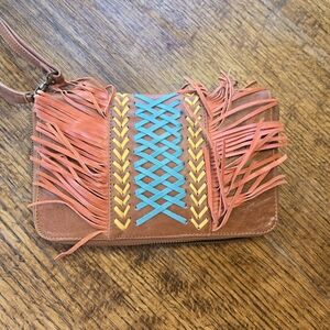 Leather Fringe Wristlet Turquoise And Yellow Stitching. Great Condition! 9x6 In.